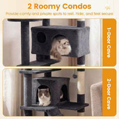 52 Inch Dark Gray Cat Tree with Two Caves, Ramp and Anti Toppling Device