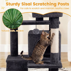 52 Inch Dark Gray Cat Tree with Two Caves, Ramp and Anti Toppling Device