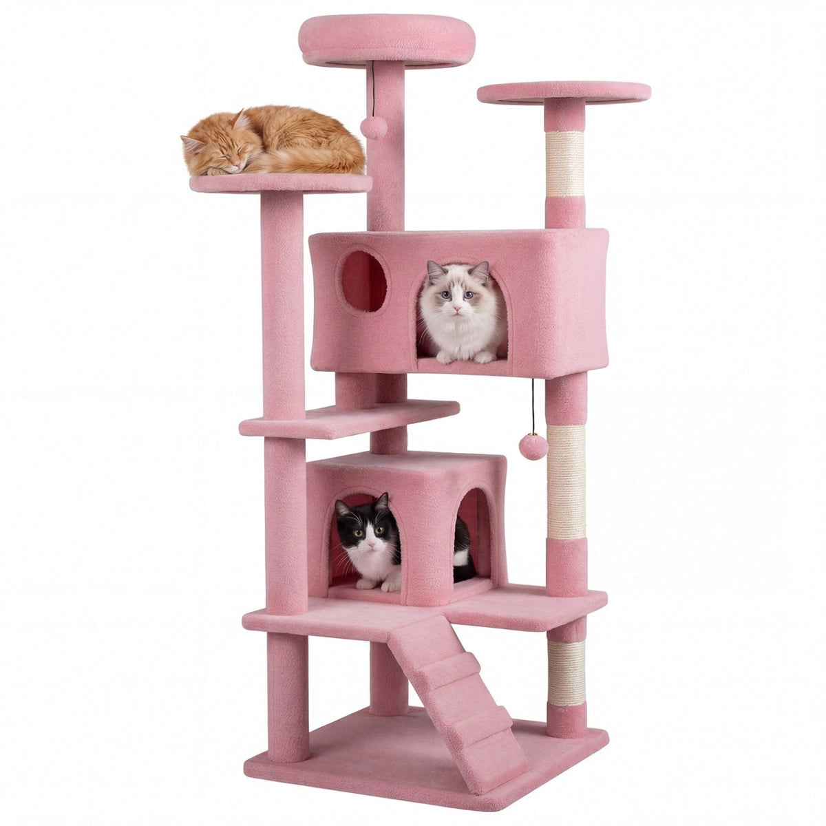 52 Inch Pink Cat Tree with Two Caves, Padded Top Perch and Sisal Scratching Posts