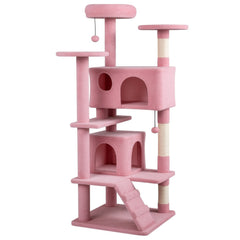 52 Inch Pink Cat Tree with Two Caves, Padded Top Perch and Sisal Scratching Posts