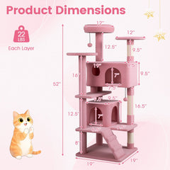 52 Inch Pink Cat Tree with Two Caves, Padded Top Perch and Sisal Scratching Posts