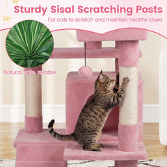 52 Inch Pink Cat Tree with Two Caves, Padded Top Perch and Sisal Scratching Posts