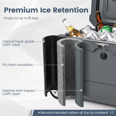 52 Quart Portable Hard Cooler with 6-Day Ice Retention and Wheels-Gray