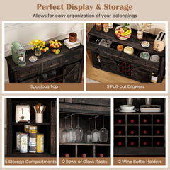 52 Inches Wine Bar Cabinet with LED Lights and Sliding Barn Doors-Black