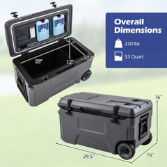 53 Quart Portable Rolling Cooler with Fish Ruler for Outdoor-Gray