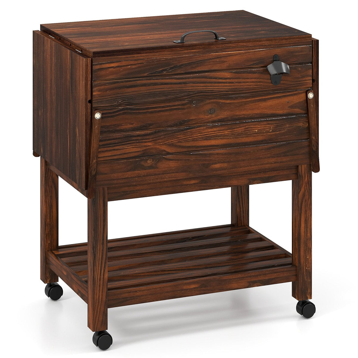 54 Quart Wooden Cooler Cart for Patio Rolling Ice Chest with Shelves-Brown