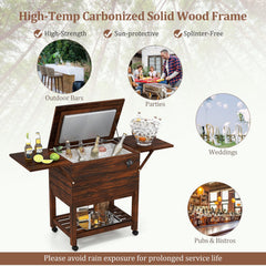 54 Quart Wooden Cooler Cart for Patio Rolling Ice Chest with Shelves-Brown