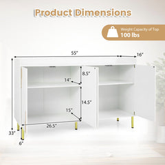 55 inches Buffet Cabinet with 4 Doors and 5 Metal Legs Modern Credenza-White