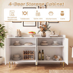 55 inches Buffet Cabinet with 4 Doors and 5 Metal Legs Modern Credenza-White