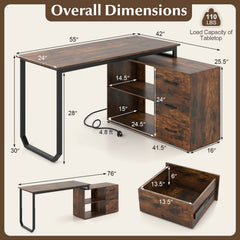 55 Inch Reversible L Shaped Desk with 3 Drawers Home Office Desk with Adjustable Shelf-Rustic Brown
