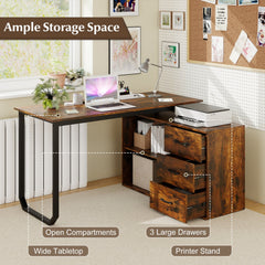 55 Inch Reversible L Shaped Desk with 3 Drawers Home Office Desk with Adjustable Shelf-Rustic Brown