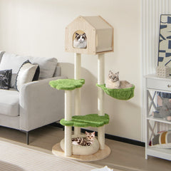 55 Inch Cat Tree with Pine Wood House, Cloud Platforms and Washable Floor Bed, Green