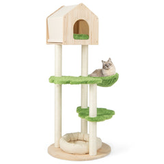 55 Inch Cat Tree with Pine Wood House, Cloud Platforms and Washable Floor Bed, Green