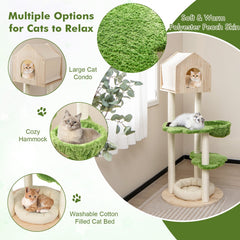 55 Inch Cat Tree with Pine Wood House, Cloud Platforms and Washable Floor Bed, Green