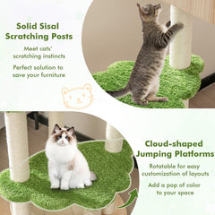 55 Inch Cat Tree with Pine Wood House, Cloud Platforms and Washable Floor Bed, Green