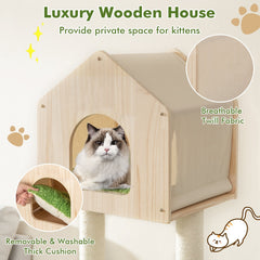 55 Inch Cat Tree with Pine Wood House, Cloud Platforms and Washable Floor Bed, Green