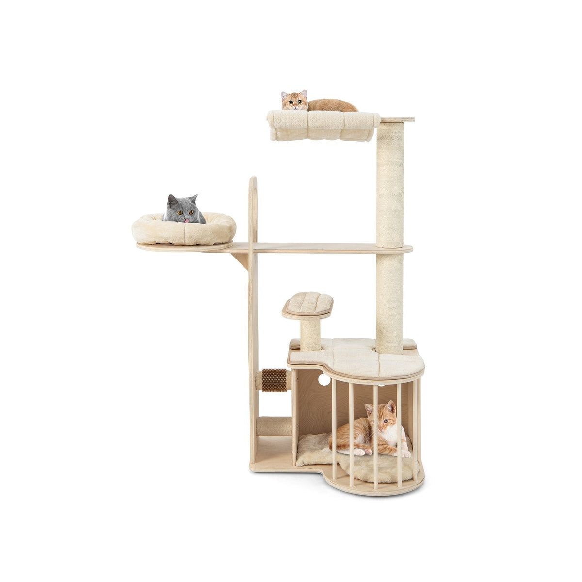 55 Inch Multi Level Cat Tree with Top Hammock, Fenced Condo and Self Groomer, Natural