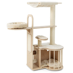 55 Inch Multi Level Cat Tree with Top Hammock, Fenced Condo and Self Groomer, Natural