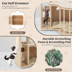 55 Inch Multi Level Cat Tree with Top Hammock, Fenced Condo and Self Groomer, Natural