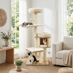 55 Inch Solid Rubber Wood Cat Tree with Condo, 18 Inch Hammock and Sisal Posts, Beige