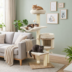 55 Inch Solid Rubber Wood Cat Tree with Condo, 18 Inch Hammock and Sisal Posts, Beige