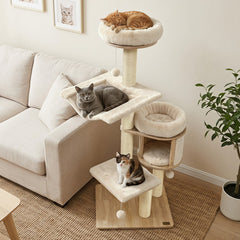 55 Inch Solid Rubber Wood Cat Tree with Condo, 18 Inch Hammock and Sisal Posts, Beige