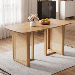 55” Solid Rubber Wood Dining Table Set Boho Rectangular Dining Table with 2 Benches-Natural