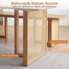 55” Solid Rubber Wood Dining Table Set Boho Rectangular Dining Table with 2 Benches-Natural