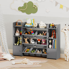 56 inch Large Toy Storage Organizer with 8 Removable Bins and Bookshelf-Gray