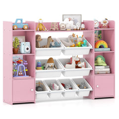 56 inch Large Toy Storage Organizer with 8 Removable Bins and Bookshelf-Pink
