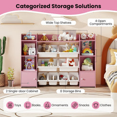 56 inch Large Toy Storage Organizer with 8 Removable Bins and Bookshelf-Pink