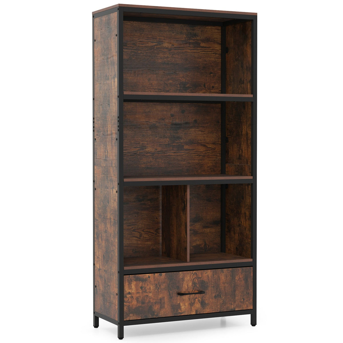 56 inches Tall Freestanding Bookcase with Drawer 5 Tier-RusticBrown