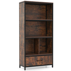 56 inches Tall Freestanding Bookcase with Drawer 5 Tier-RusticBrown