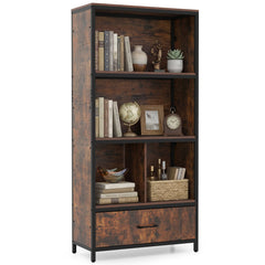 56 inches Tall Freestanding Bookcase with Drawer 5 Tier-RusticBrown