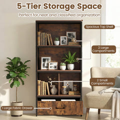 56 inches Tall Freestanding Bookcase with Drawer 5 Tier-RusticBrown