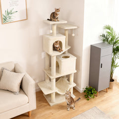 57 Inch Cat Tree with Dual Condos, Skylight, Hammock and Two Perches, Beige