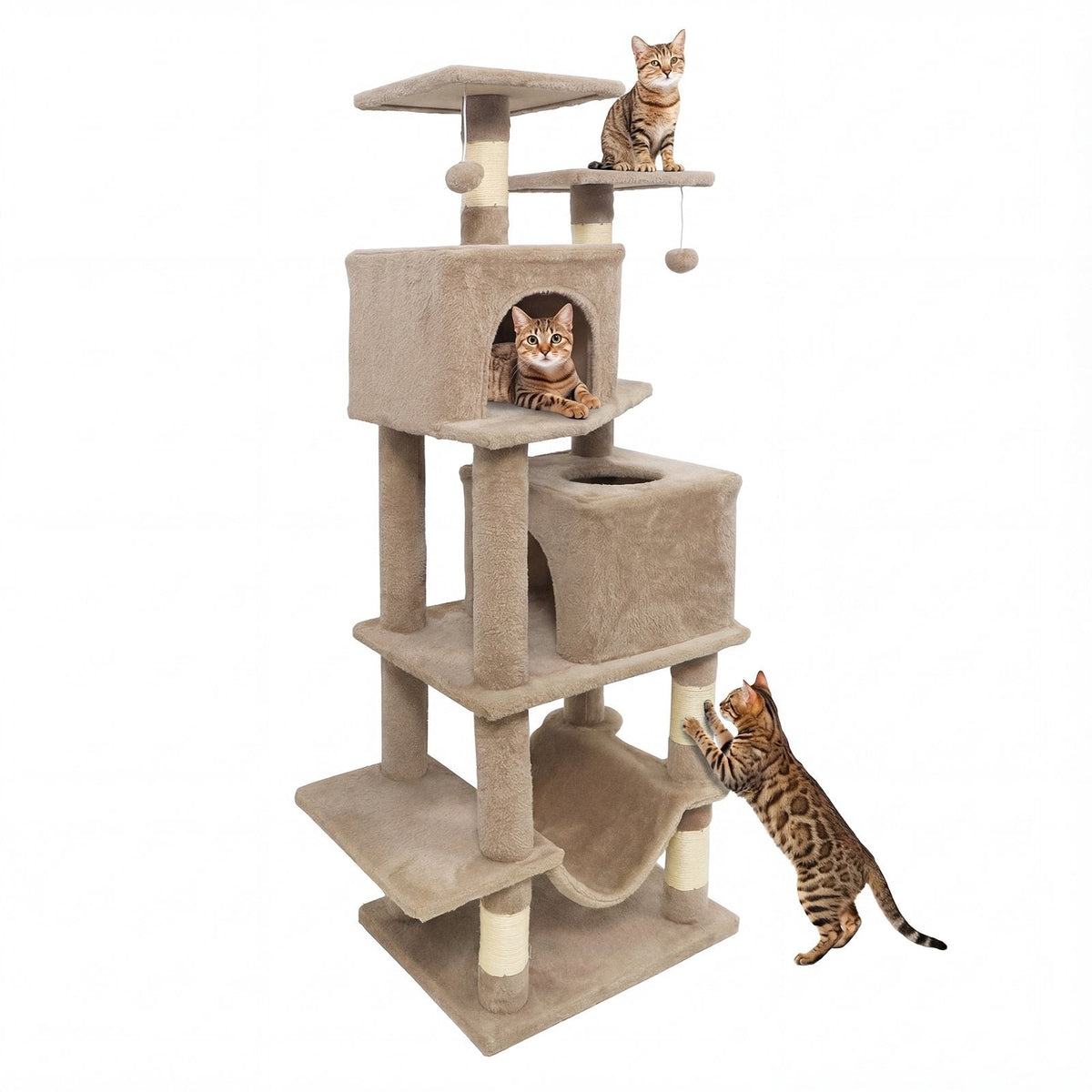 57 Inch Coffee Cat Tree with Two Condos, Slung Hammock and Wear Resistant Sisal Posts