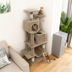57 Inch Coffee Cat Tree with Two Condos, Slung Hammock and Wear Resistant Sisal Posts