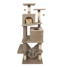 57 Inch Coffee Cat Tree with Two Condos, Slung Hammock and Wear Resistant Sisal Posts