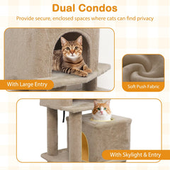 57 Inch Coffee Cat Tree with Two Condos, Slung Hammock and Wear Resistant Sisal Posts