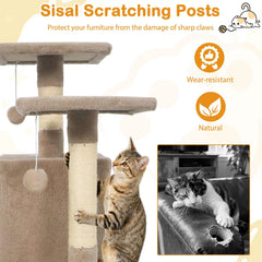 57 Inch Coffee Cat Tree with Two Condos, Slung Hammock and Wear Resistant Sisal Posts