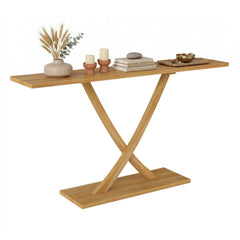 57 Inch Solid Wood Console Table with Teak Wood Frame and Geometric Design
