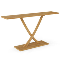57 Inch Solid Wood Console Table with Teak Wood Frame and Geometric Design
