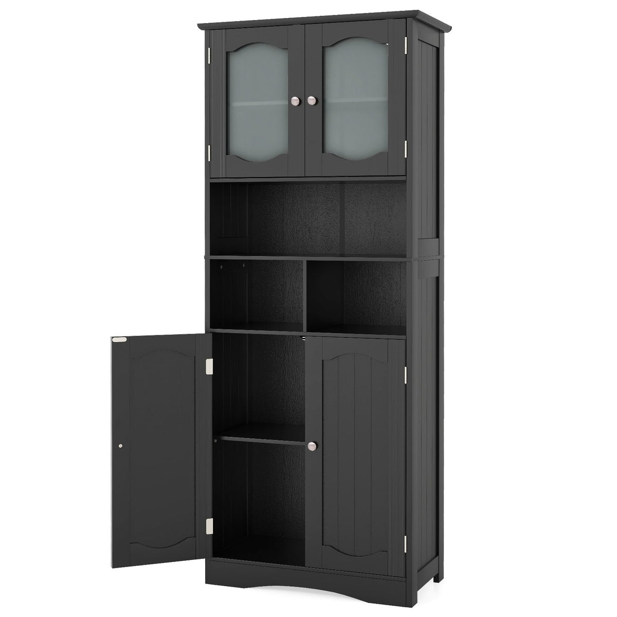 58.5 Inch Freestanding Linen Bathroom Storage Cabinet with Frost Glass Doors-Black