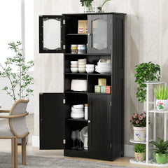 58.5 Inch Freestanding Linen Bathroom Storage Cabinet with Frost Glass Doors-Black
