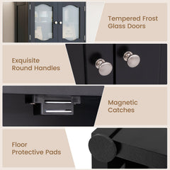 58.5 Inch Freestanding Linen Bathroom Storage Cabinet with Frost Glass Doors-Black