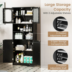 58.5 Inch Freestanding Linen Bathroom Storage Cabinet with Frost Glass Doors-Black