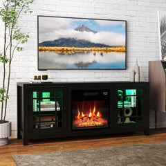 58 inches Fireplace TV Stand with LED Lights and 18 inches Electric Fireplace-Black