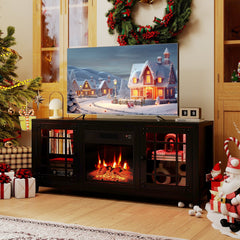 58 inches Fireplace TV Stand with LED Lights and 18 inches Electric Fireplace-Black