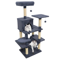 58 Inch Grey Cat Tree with Deep Upholstered Perch, Private Condo and Slung Hammock